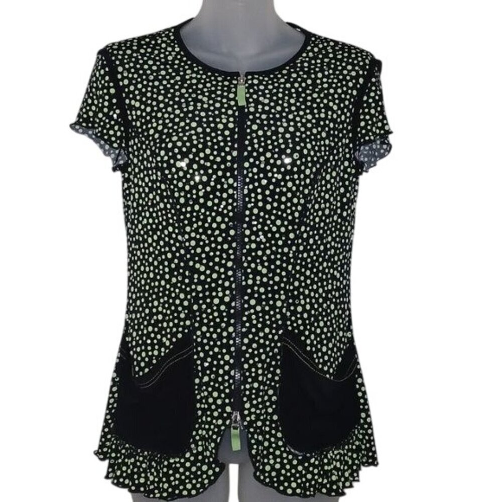 Joseph Ribkoff Neon Polka Dot Metallic Peplum Blouse